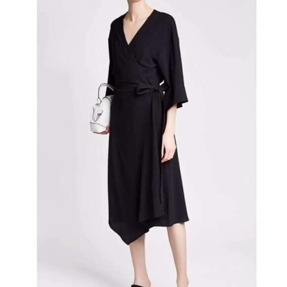 THEORY Kimono Wrap Black Summer Crepe Midi Dress Women's Size 4 - Picture 11 of 11